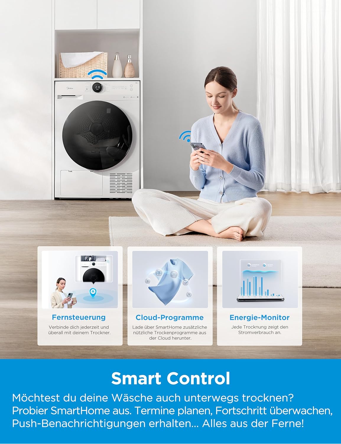 Midea MD20EH80WB-A3 Wärmepumpentrockner, 8 kg, Energieklasse C, UV Hygience, Knitterschutz, Sanfte Pflege, Auto Dry, Wollpflege, Auffrischen, Fernsteuerung, Startzeitvorwahl, Weiß