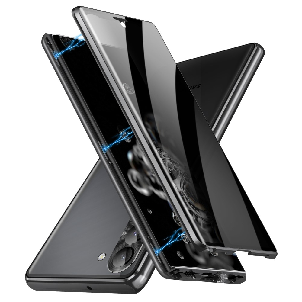 Samsung Galaxy S24 Magnetische Alu Schutzhülle mit Panzer Glas Backcover   Privacy Display- / Kameraglasschutz (Verschlussmechanismus) - Schwarz