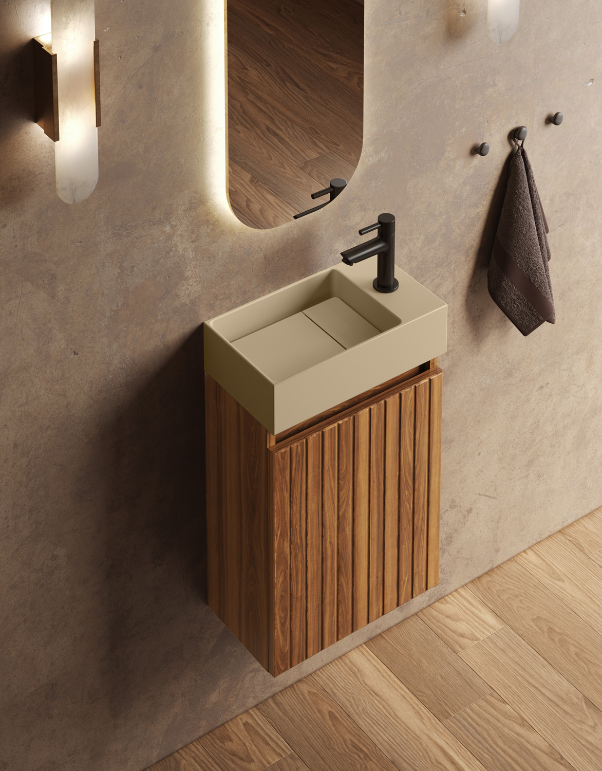 Fontana Itsie toiletmeubel walnoot ribbelfront 40cm met fontein in mat licht ivoor