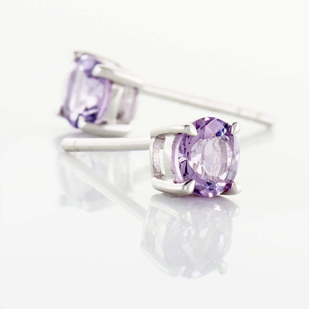 Boucles D'oreilles Puces Elea Serti Griffes 3 Or Blanc Amethyste