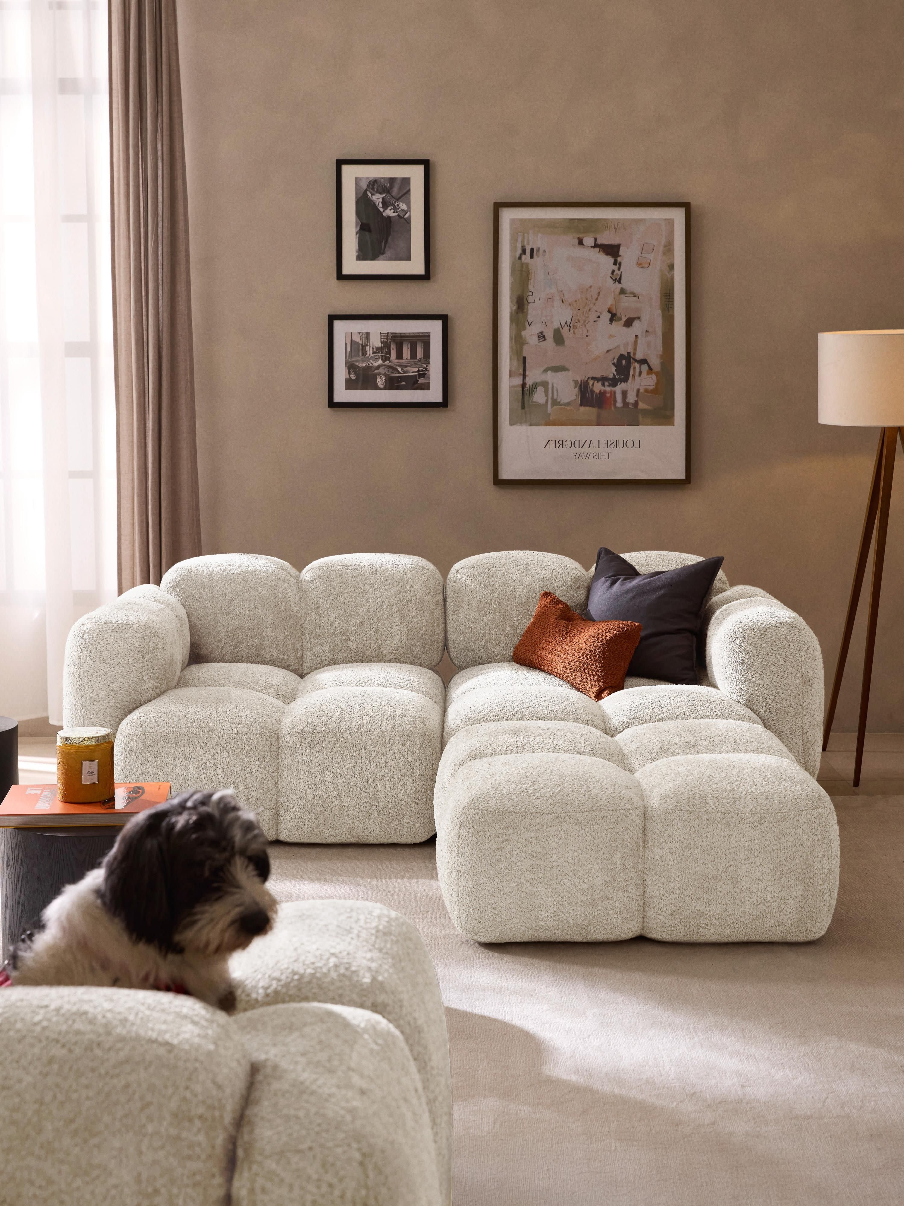 Modulaire bank Tayla (3-zits) van teddy bouclé met poef (links/rechts)