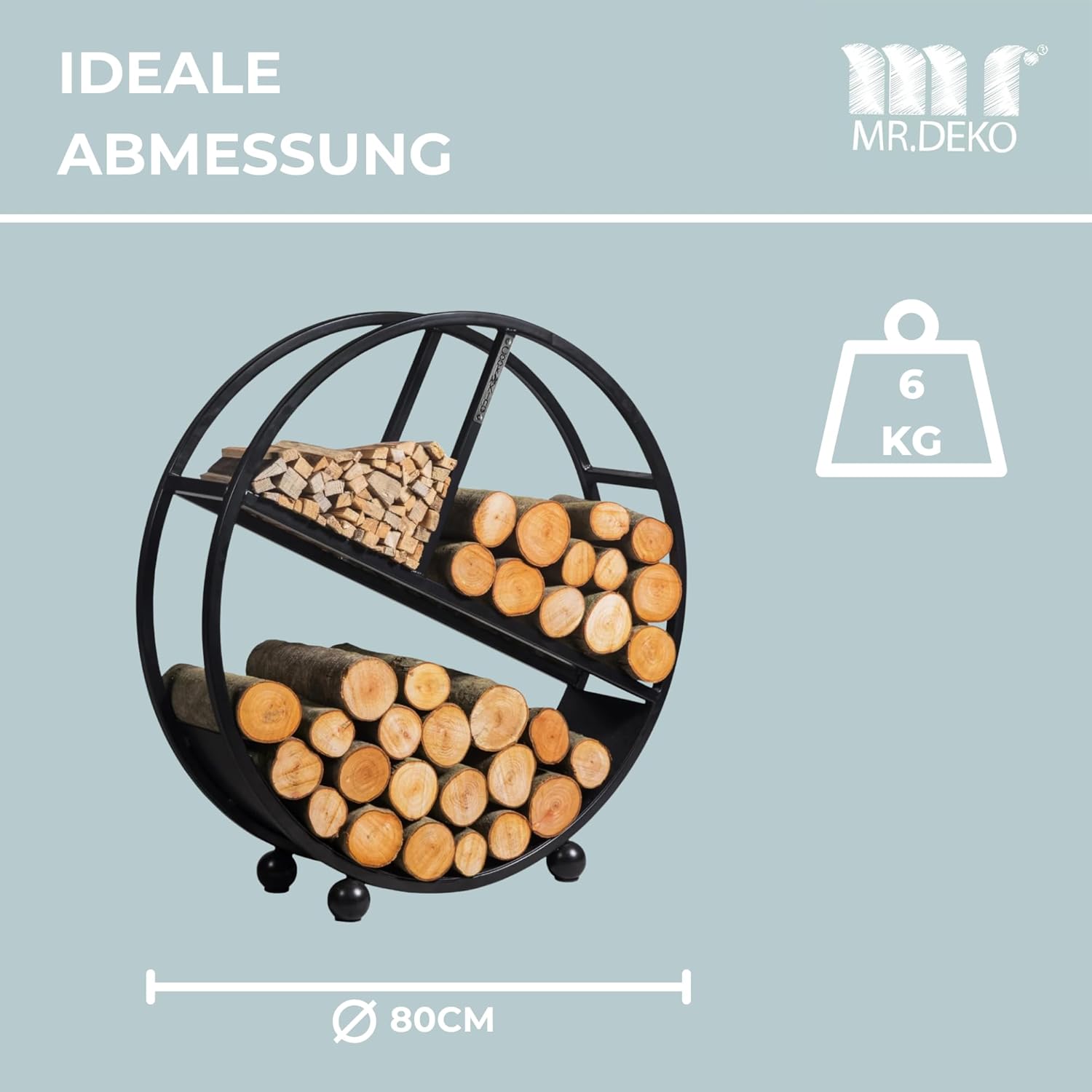MR. DEKO BENE ON FIRE Kaminholzregal rund Kalifornien 80 cm | rundes Brennholzregal Metall schwarz | Holzlager dekorativ für Kamin Wohnzimmer | Feuerholzregal Garten Terrassen | Kaminholzunterstand