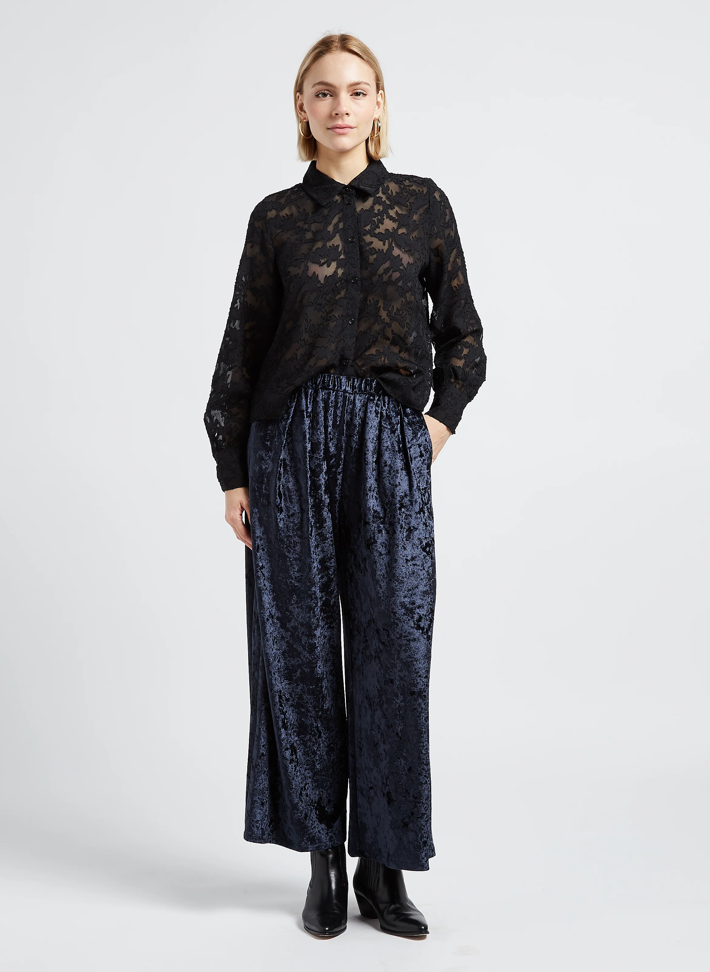 Pantalon large en velours | Bleu
