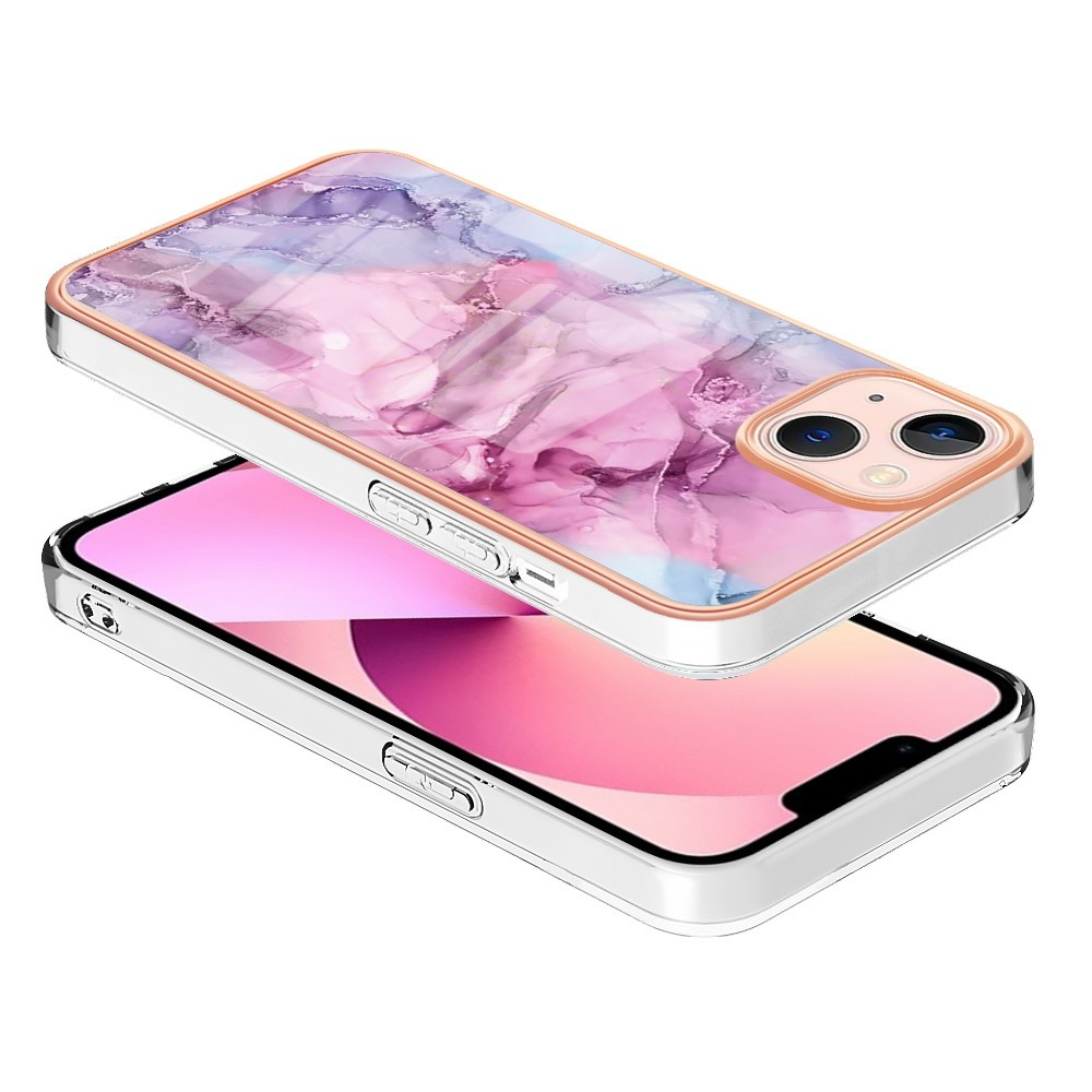 iPhone 14 Gummi Case Hülle Galvanisierter Rahmen Marble Marmor Design - Pink / Lila / Roségold