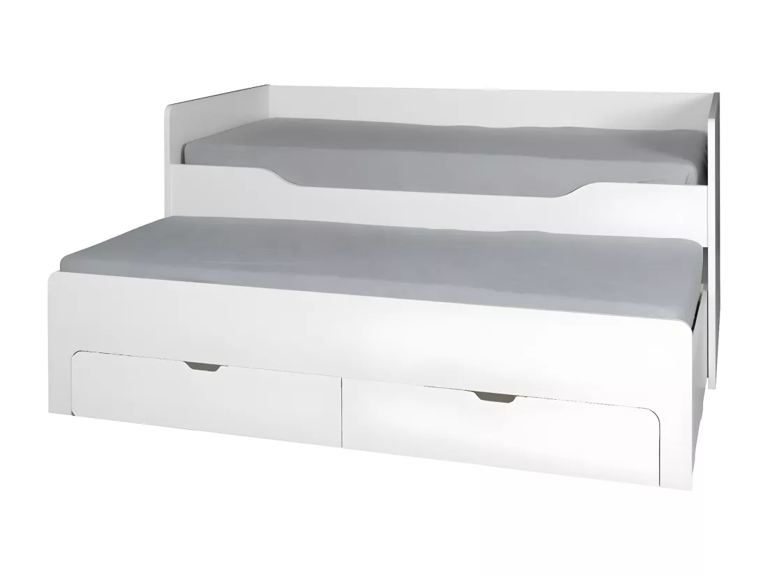 Lit gigogne avec tiroirs 90x200 collection RICCO - Coloris blanc alpin, idéal pour votre enfant et sa chambre