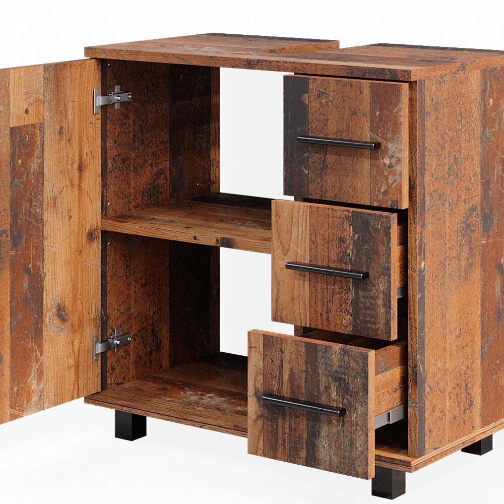 Vicco Waschtischunterschrank Waschbeckenunterschrank Ilias Old Style modern 60x61 cm Badezimmer Schrank Badschrank Badkommode Badmöbel 1 Tür 3 Schubladen