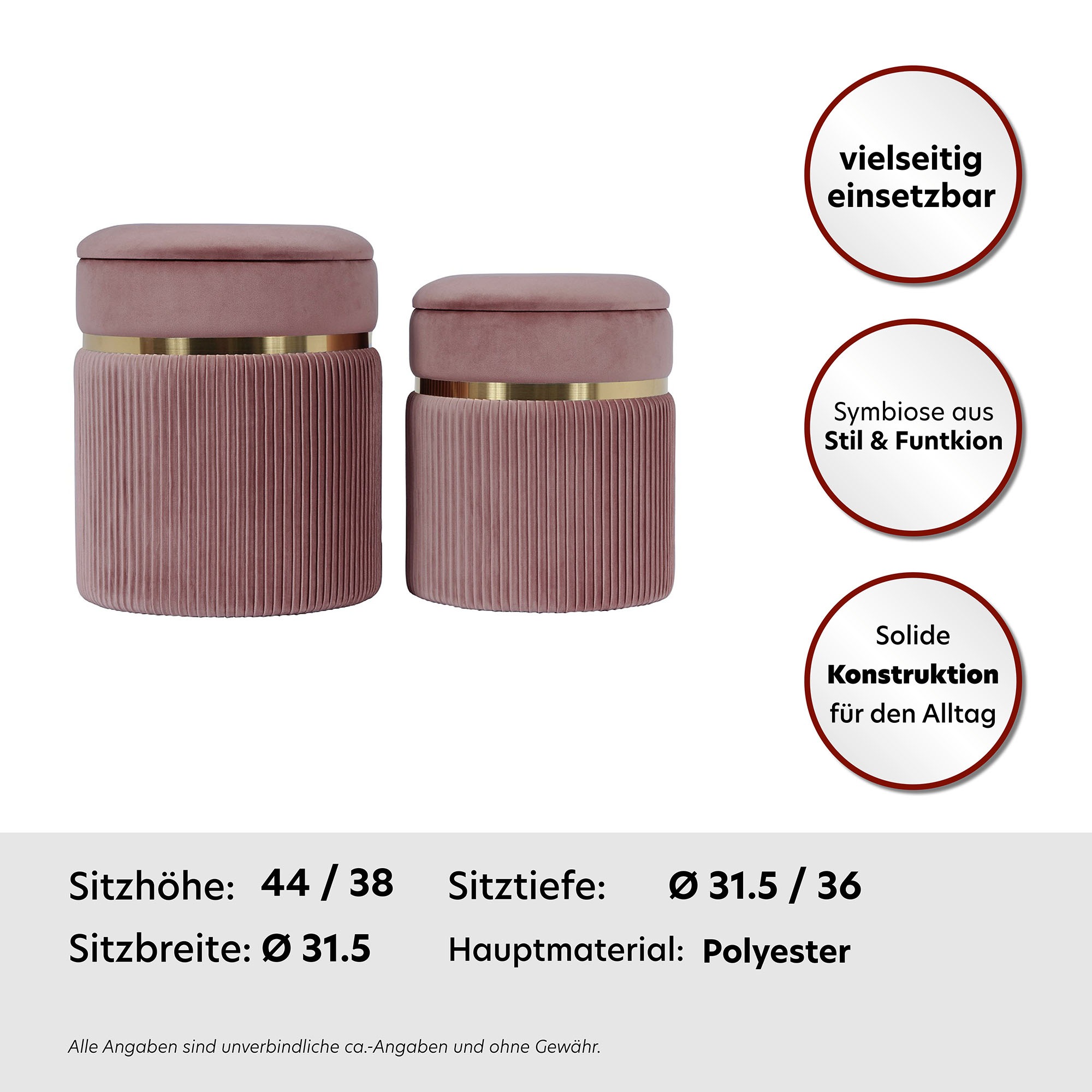 Kayoom Polstergarnitur »Hocker Zora 325 2er-Set, samtweicher Stoffbezug,runde elegante Form« Set, Hocker 1: B 36 /H 44/ T36 cmHocker 2: B 31,5 /H 38/ T31,5 cm, 2 Stk. tlg. edles Design mit Metallring, gepolstert, mit Stauraum