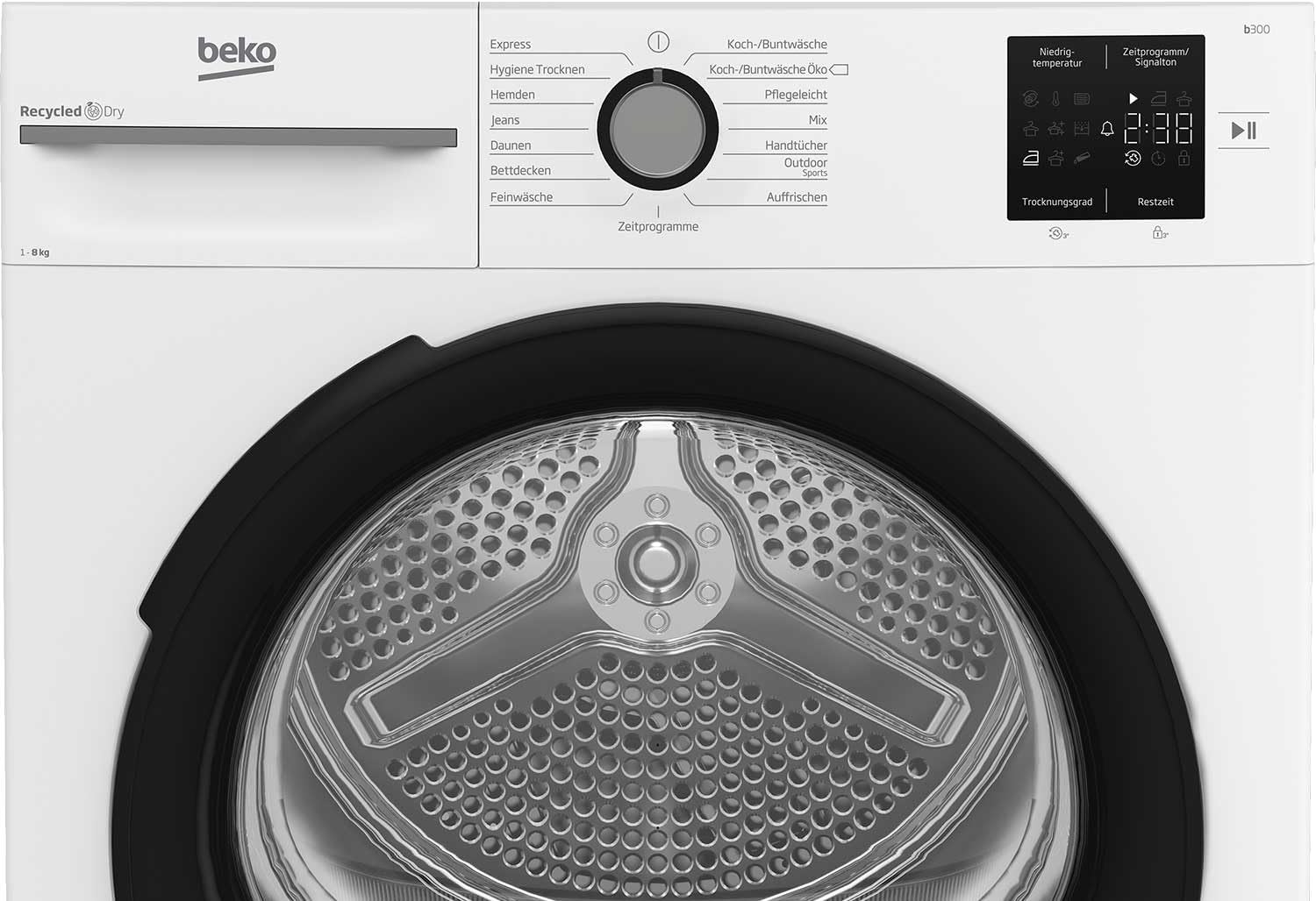 Beko BM3T38220X Wäschetrockner, 8 kg, Frontlader Wärmepumpentrockner, 15 Programme, Sensortrocknung, Säulenfähig, Aquawave Schontrommel, Weiß