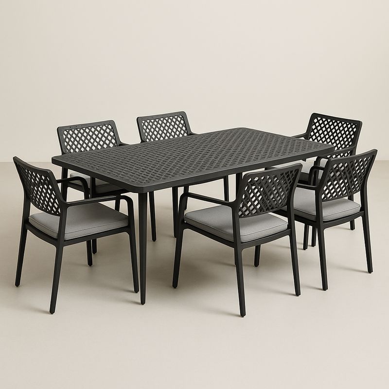 7-teiliges Outdoor-Möbelset aus Kunststoff, schwarz, mit Sitzkissen