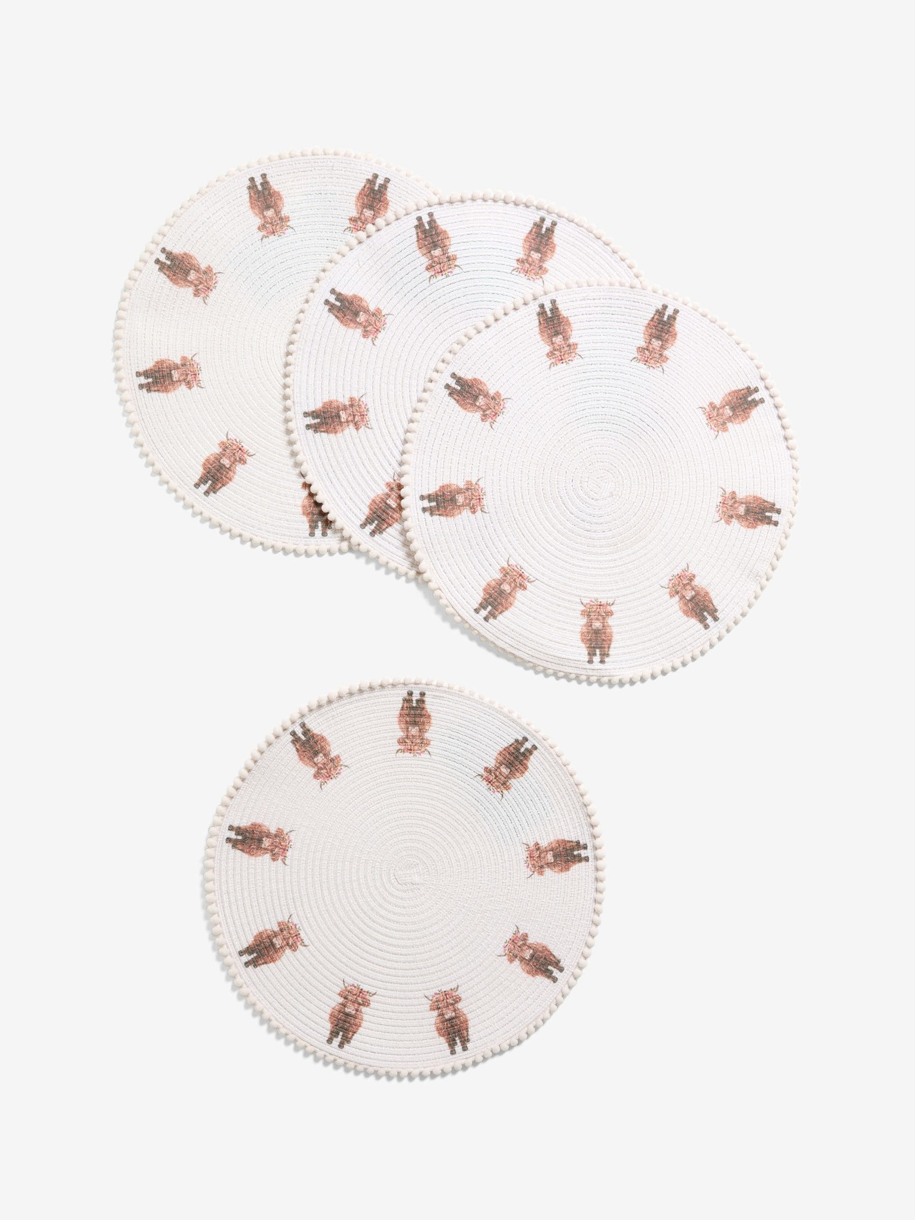 Set van 4 Hamish The Highland Cow placemats met pomponrand