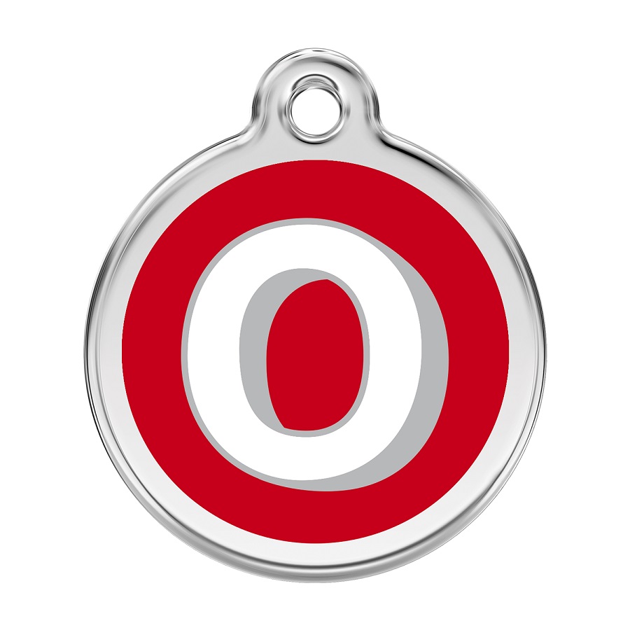 Placa de identificação para cães em aço inoxidável esmaltado com a letra O do alfabeto, vermelha.