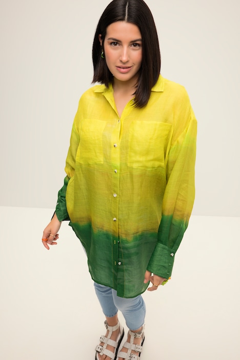 Hemdbluse, oversized, Batik-Farbverlauf, Hemdkragen, Langarm
