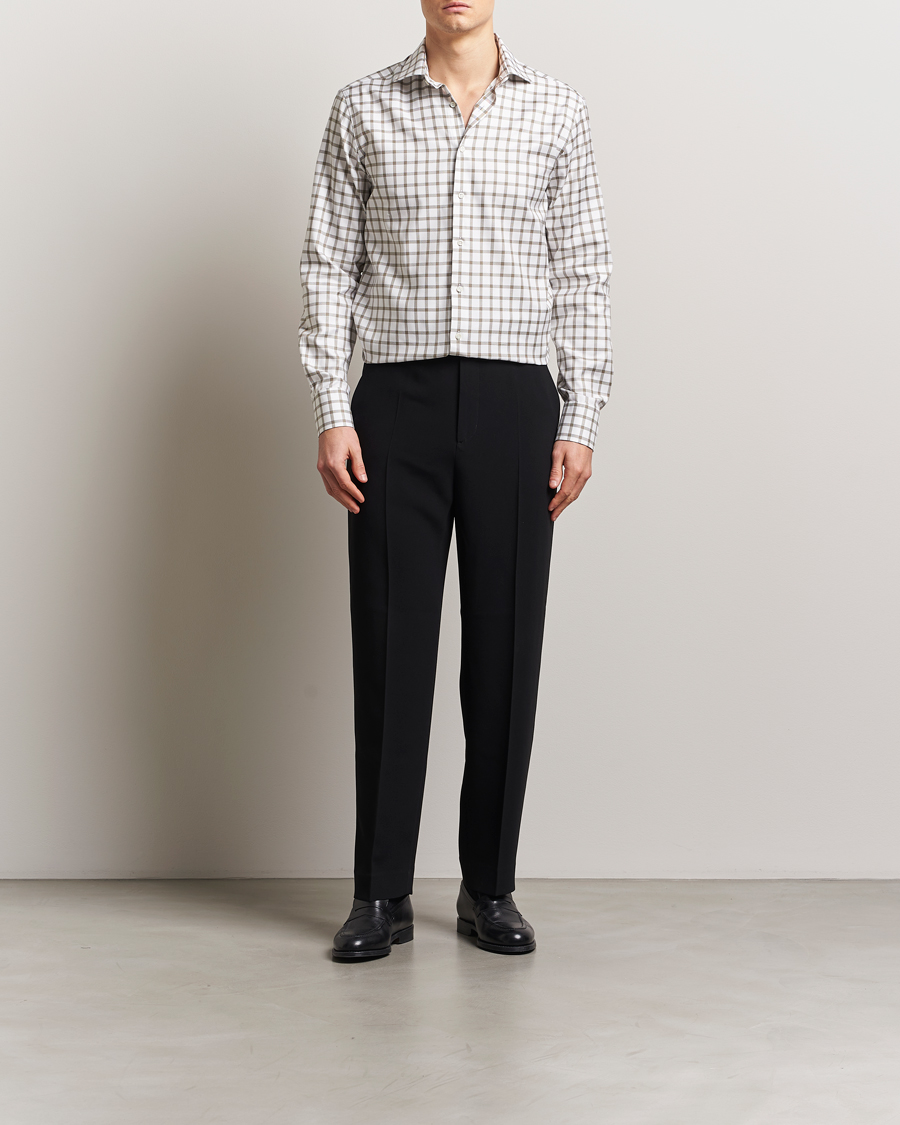 Stenströms Fitted Body Checked Cut Away Shirt Taupe/White