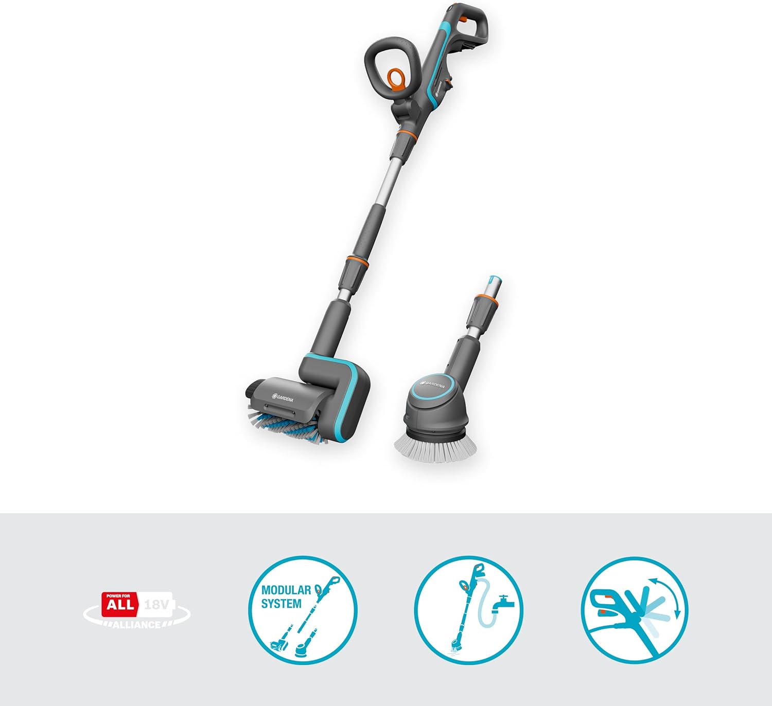 Gardena Akku-Multi-Reiniger AquaBrush Universal 04/18V P4A Ready-To-Use Set: Batteriebetriebenes Reinigungsgerät inkl. Akku, Nassreinigung von Terrassenböden, Komplettset (14842-20)