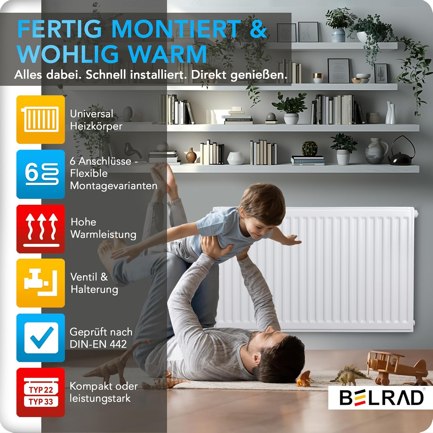 Belrad® Heizkörper Typ 33 | flacher Universalheizkörper mit 6 Anschlüssen | modern, kompakt & energiesparend | Wandmontagefähig | ideal für Wohnzimmer, Bad & Gäste-WC | Flachheizkörper weiß 40x200 cm
