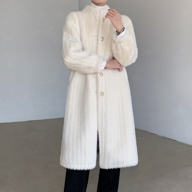 Freehop - Effen fleece midi-jas met opstaande kraag en enkele rij knopen