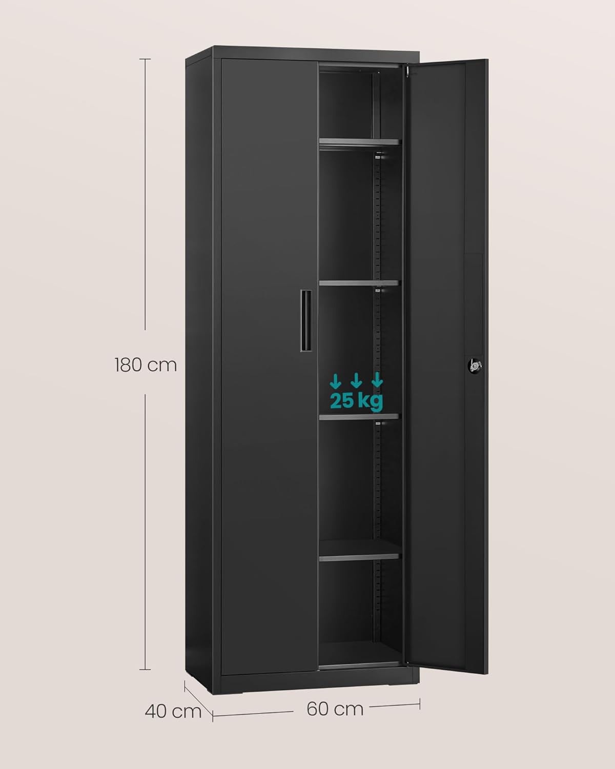 SONGMICS Aktenschrank, Mehrzweckschrank, Aufbewahrungsschrank, 5 Ebenen, 40 x 60 x 180 cm, Doppeltüren, Schloss, Werkzeug, verstellbare Ablagen, Garage, Büro, Wohnzimmer, Mattschwarz OMC014B01