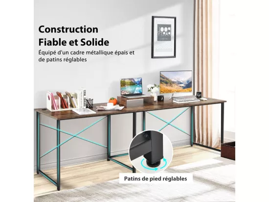 Bureau d'angle en L Réversible avec Support de Moniteur/Poste de Travail Industriel pour 2 Personnes avec 3 Trous de Câble- 150 x 150 x 74 CM, Marron Rustique