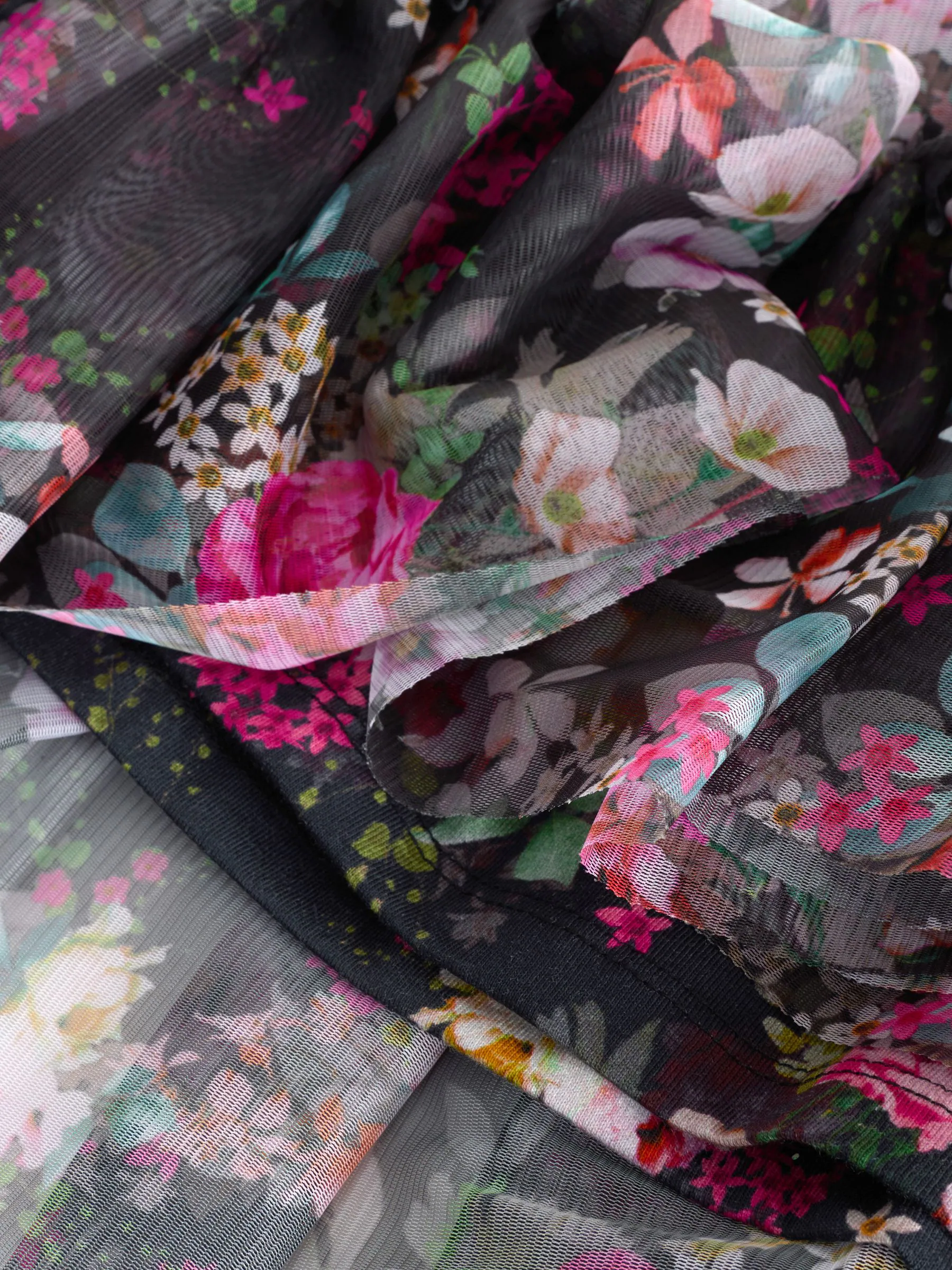 Zwart bloemenprint - Feestjurk van mesh met lange mouwen (3-16jr)