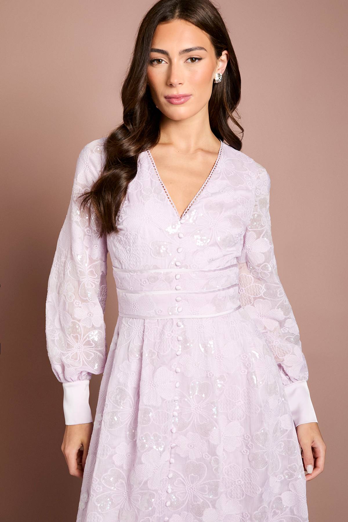 Coast Robe Midaxi en Maille à Fleurs Pailletées avec Manches Bouffantes et Col en V