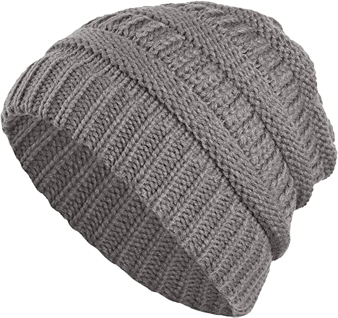 Damen Strickmütze mit Zopfloch Winter Mütze für Pferdeschwanz   Zöpfe (One Size) - Dunkelgrau