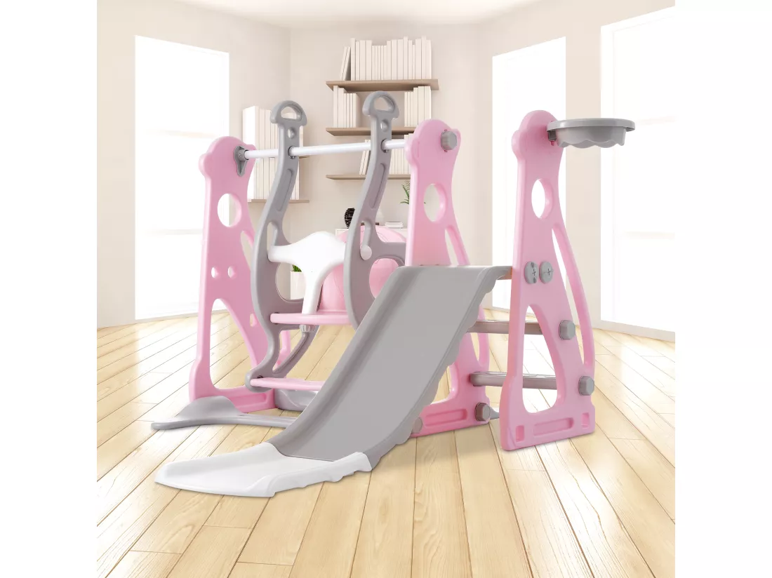 Toboggan balançoire 4 en 1 pour enfants - 113 x 100 x 94cm - en HDPE - avec escaliers et cadre de basket - Rose