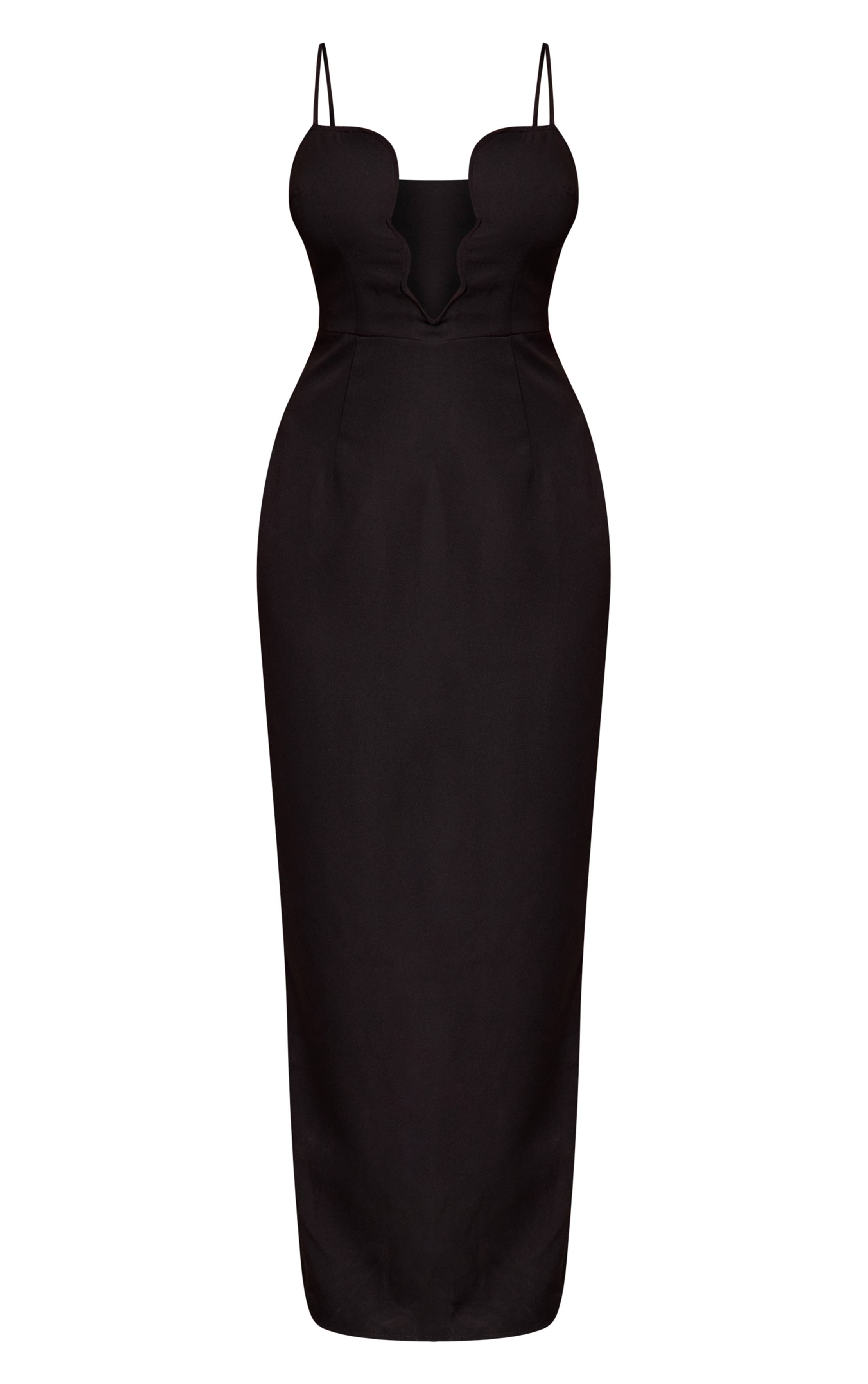 Noir Robe Maxi Moulante À Décolleté Plongeant Avec Bordure Ondulée