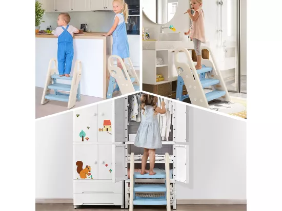 Marchepied Pliable pour Enfant Bébé avec 3 Marches Antidérapant, Rehausseur Stable, Hauteur Réglable, Multifonction avec Poignées Sécurité pr Salle de bain, Bleu et beige