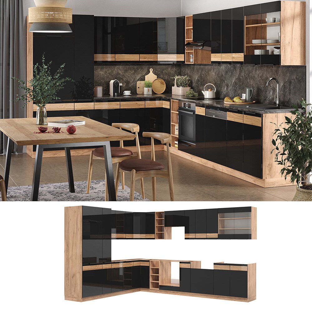Vicco Eckküche Küchenblock Einbauküche Fame-Line Eiche Schwarz 257x347 cm modern Hochglanz Küchenschränke Küchenmöbel