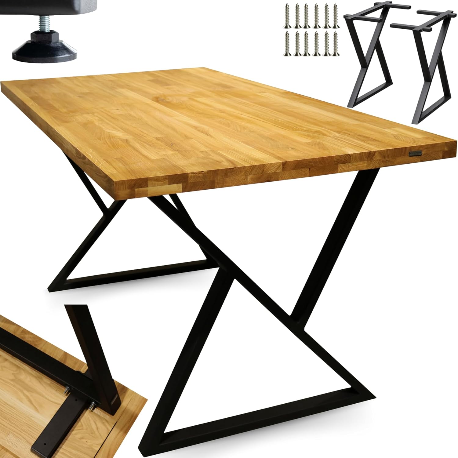 holz4home® Massivholztisch Eiche I Ohne Baumkante I Mit Aufdopplung I inkl. Tischgestell (Doppel-Dreieck-Gestell, 180 x 100 cm)
