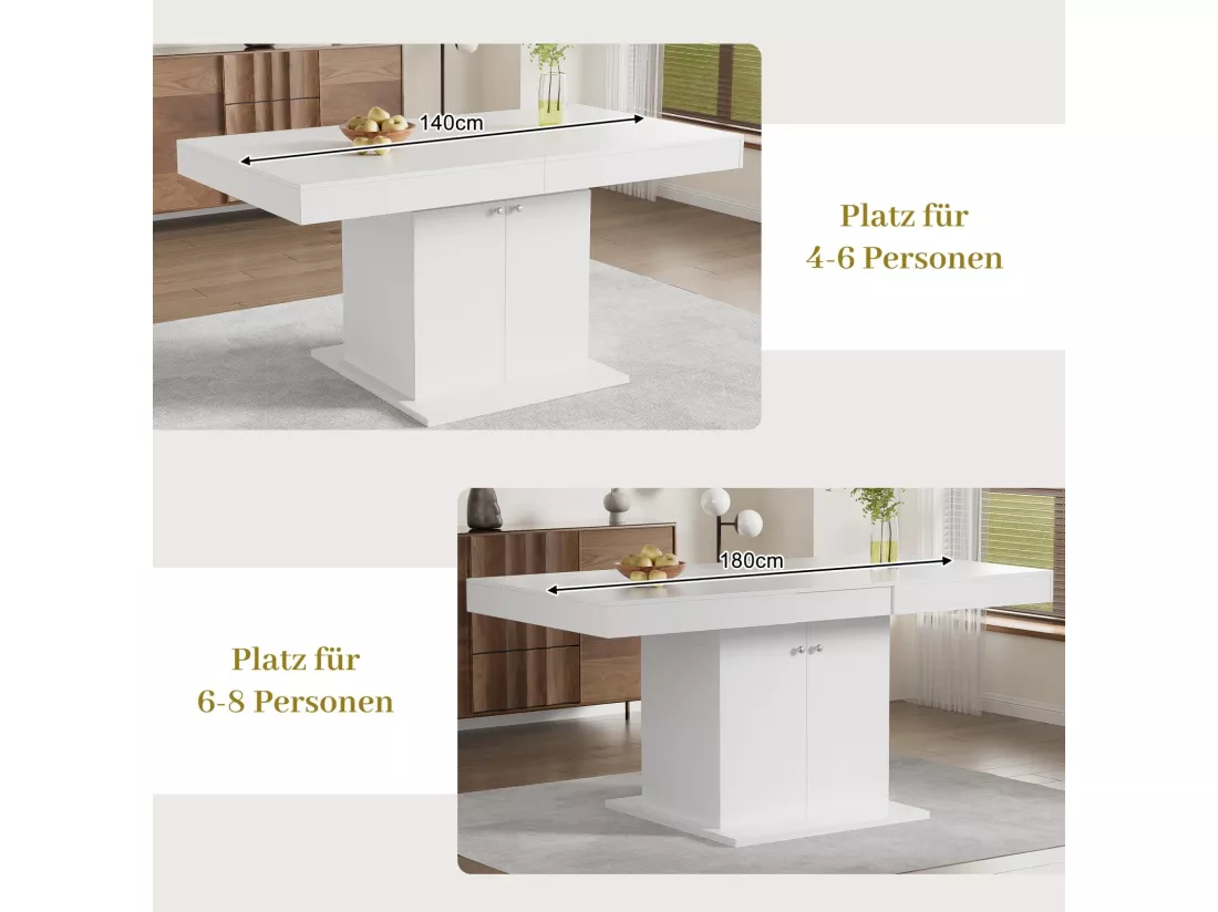 Table à manger extensible - 4 à 8 personnes - avec espace de rangement - panneaux de particules blanc - 140/180x80x76cm