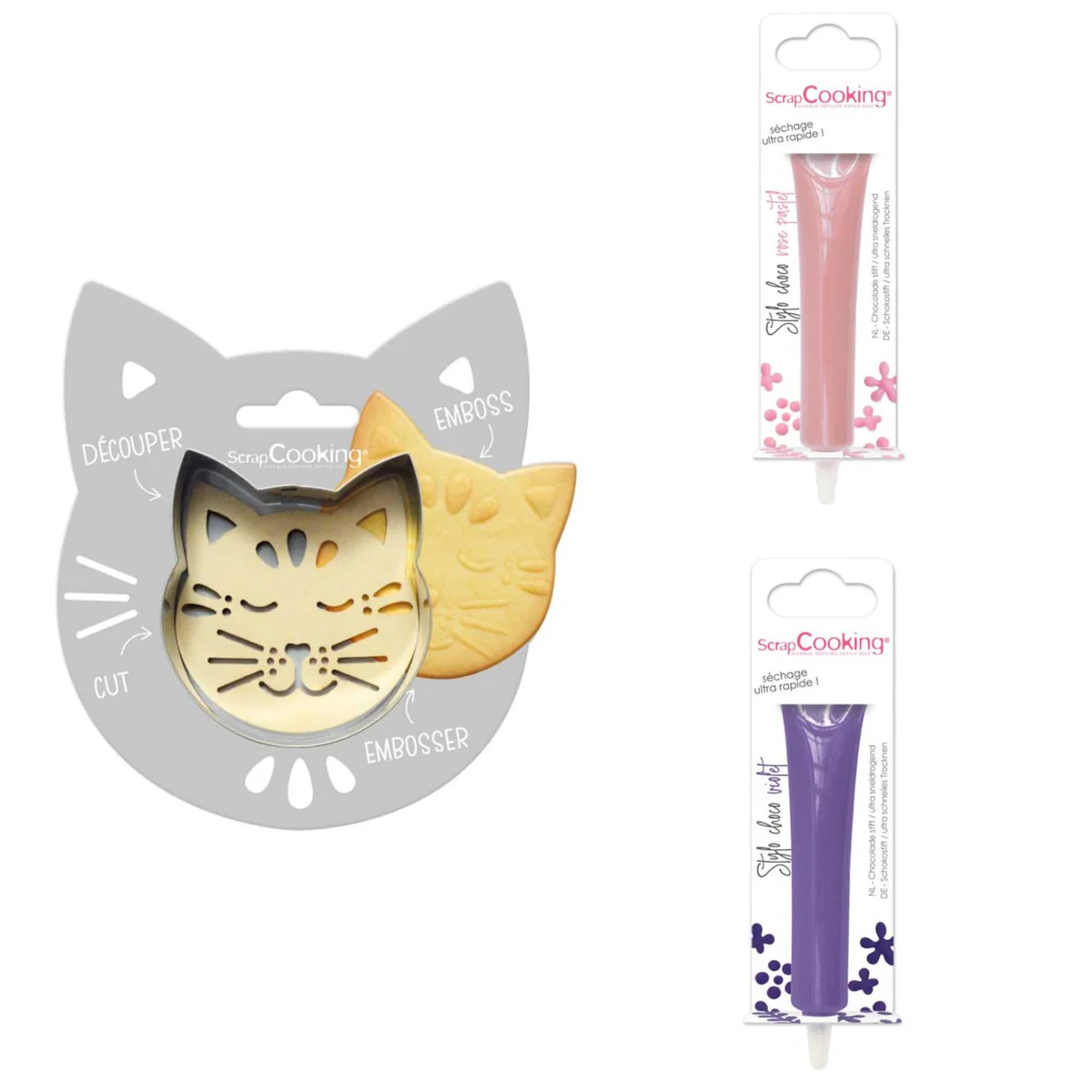 Kit pour biscuit en relief Chat + 2 Stylos au chocolat rose pastel et