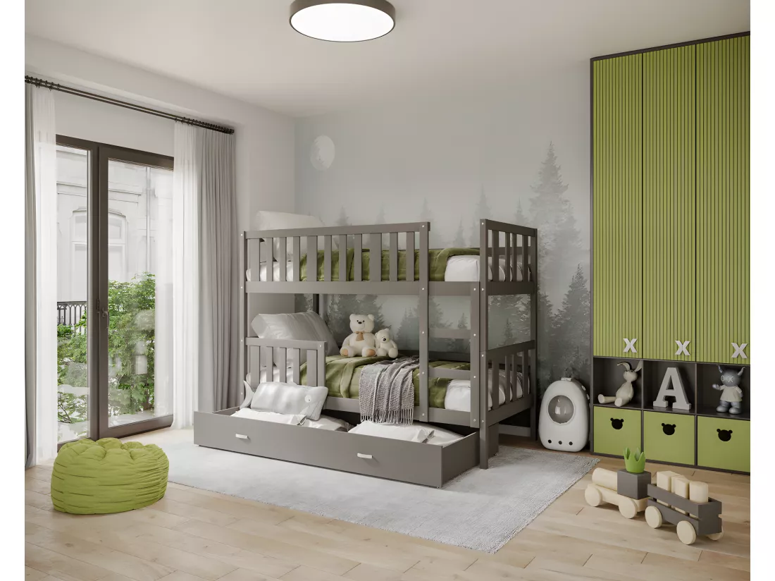 Lit superposé enfant NEMO 90X190 cm - 2 Sommiers et Tiroir inclus Gris