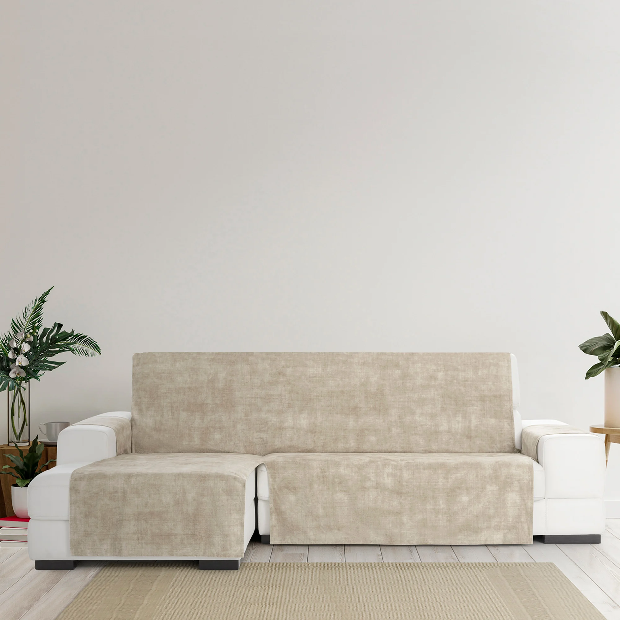 Capa protetora antimanchas para sofá com acabamento em veludo, cor marfim, chaise longue com chaise à esquerda, 240 cm (250-300 cm)