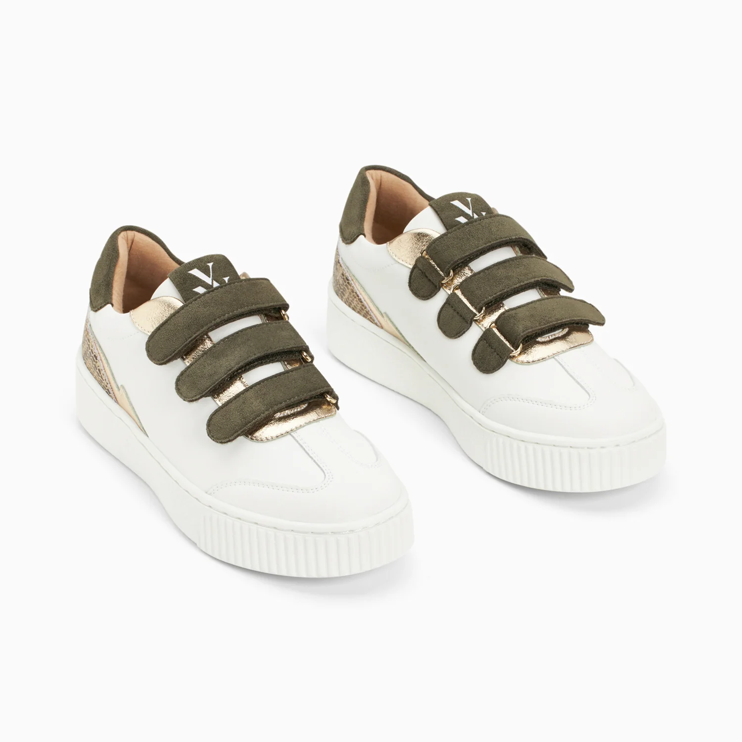 Sneakers-Baskets Nahia blanc et or à scratchs kaki