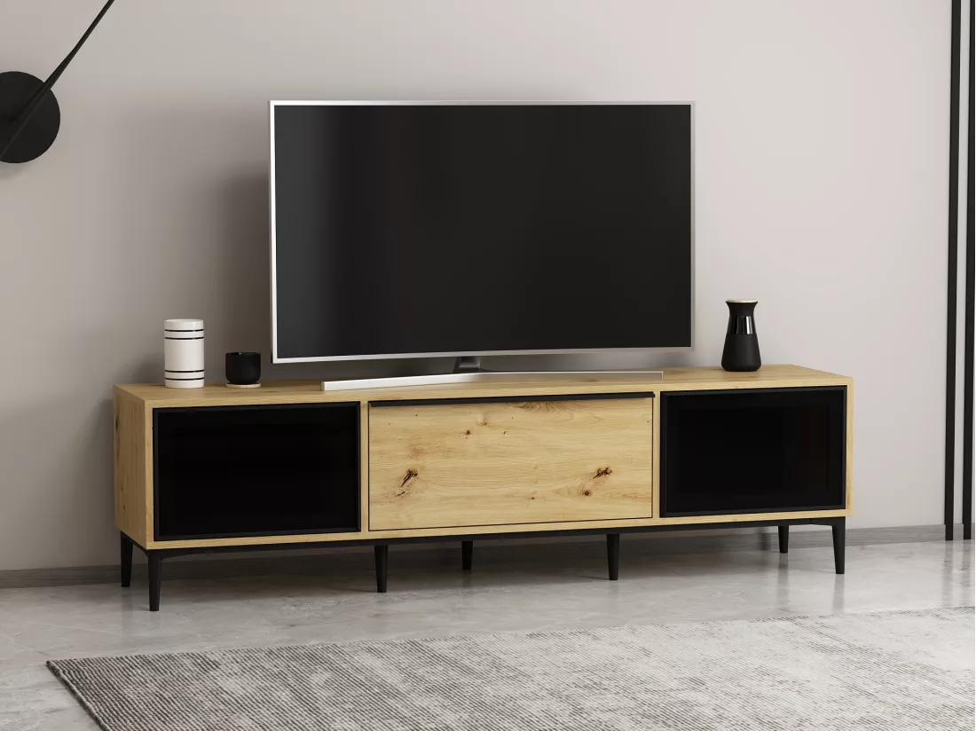 Meuble TV avec 3 portes en verre trempé noir - Naturel - MOLINIA