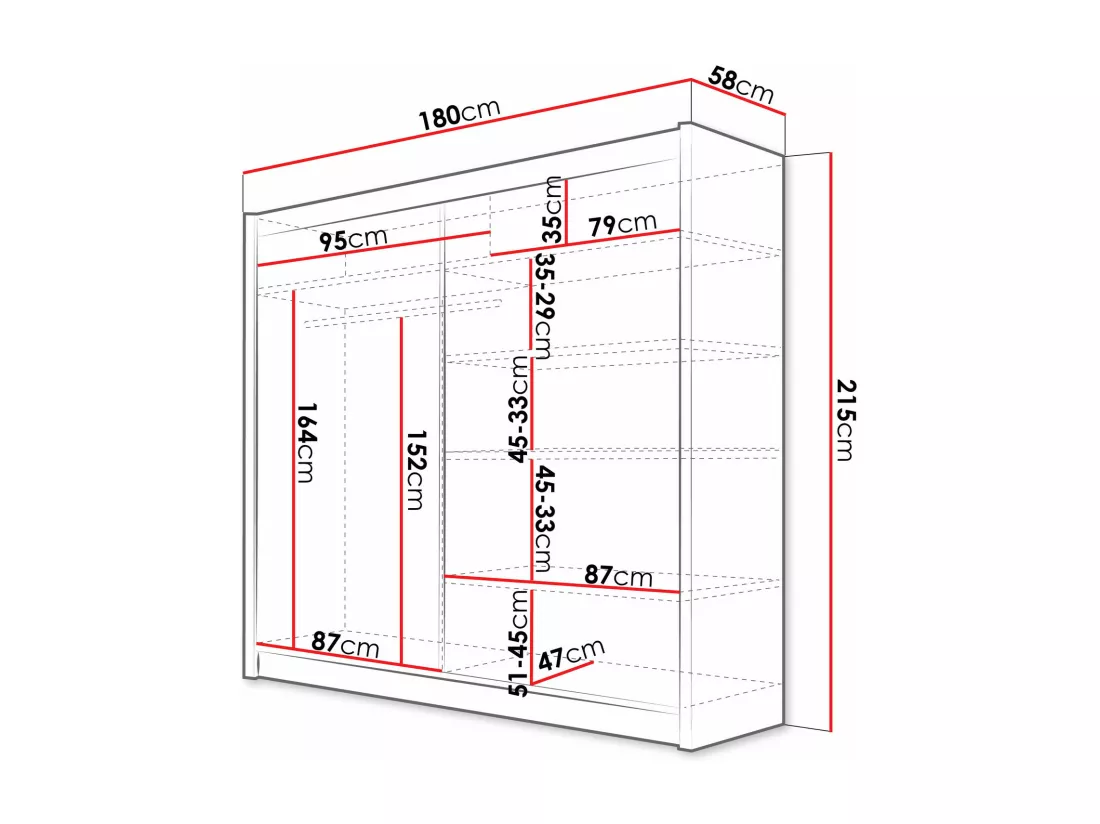 Armoire Closico 126, Blanc, 215x180x58cm, Portes d'armoire: Glissement