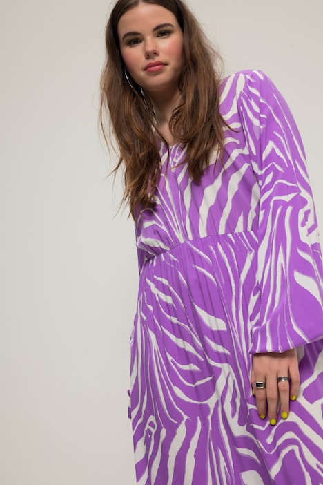 Midikleid, A-Line, Zebra-Print, V-Ausschnitt, Langarm