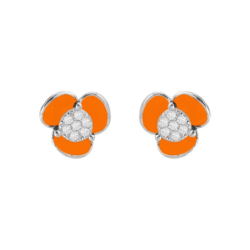 Boucles d'oreilles fleur en argent rhodié avec émail orange et oxydes de zirconium