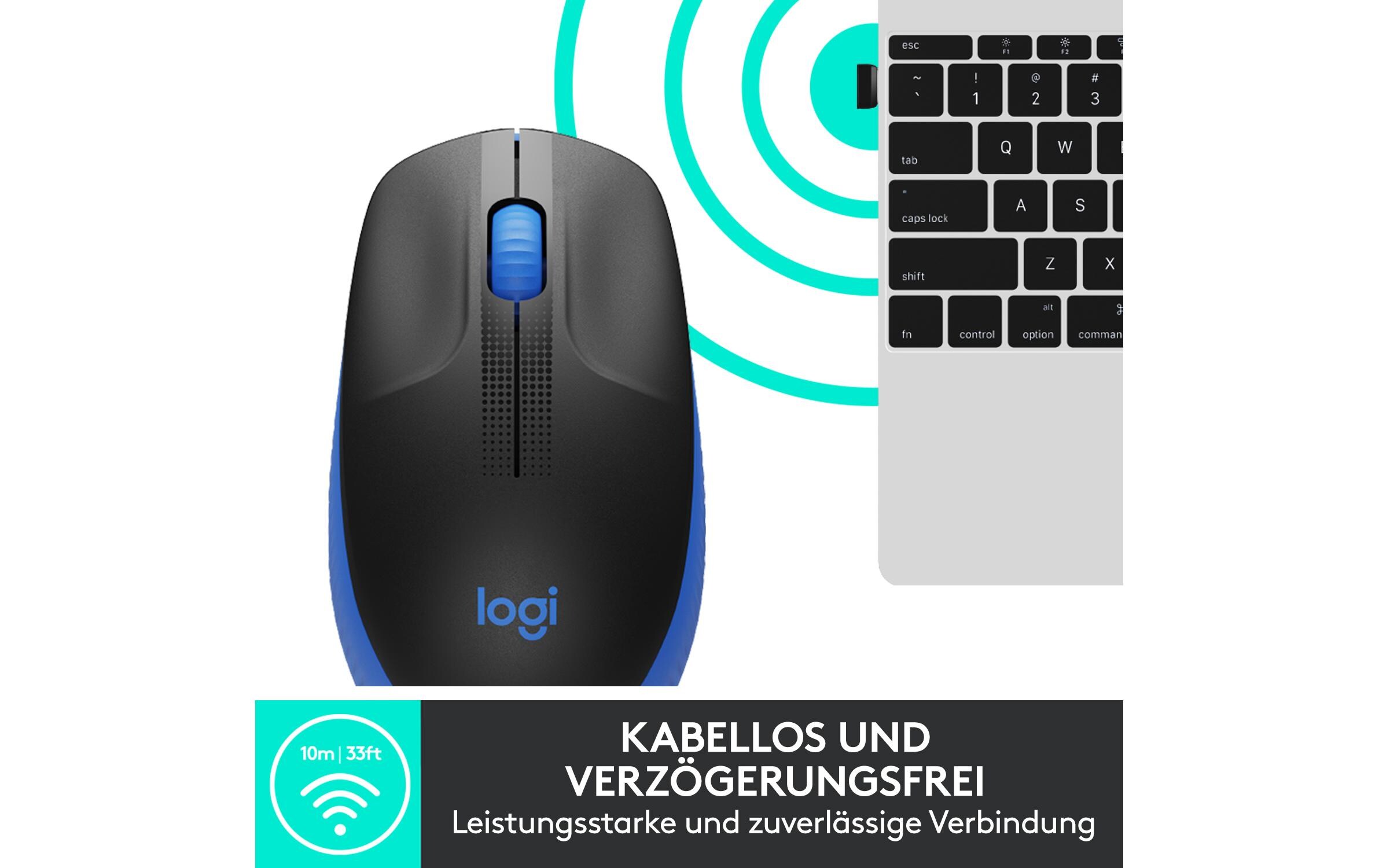 Maus M190 Blau/Schwarz, kabellosUniverselle Arbeitsmaus für alltägliche Büroarbeiten
