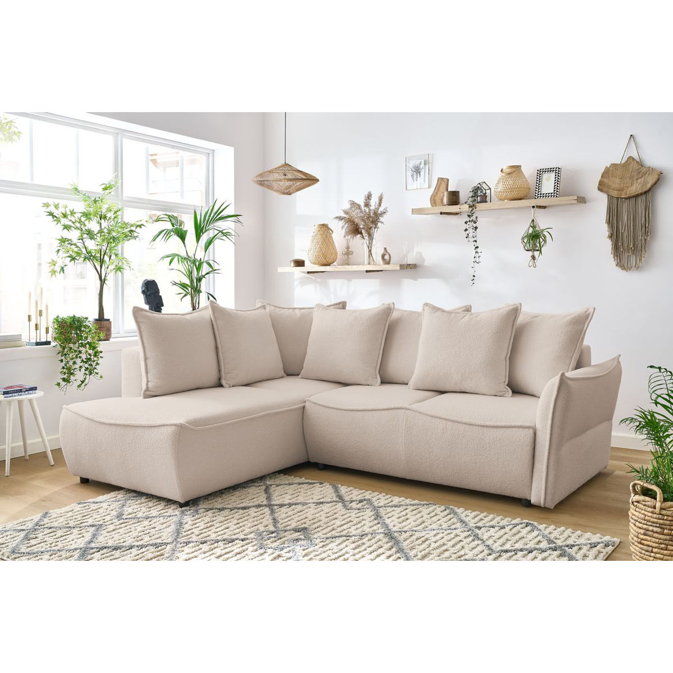 Bobochic Canapé d'angle L gauche convertible bouclette Léon beige - 257x90x194 cm
