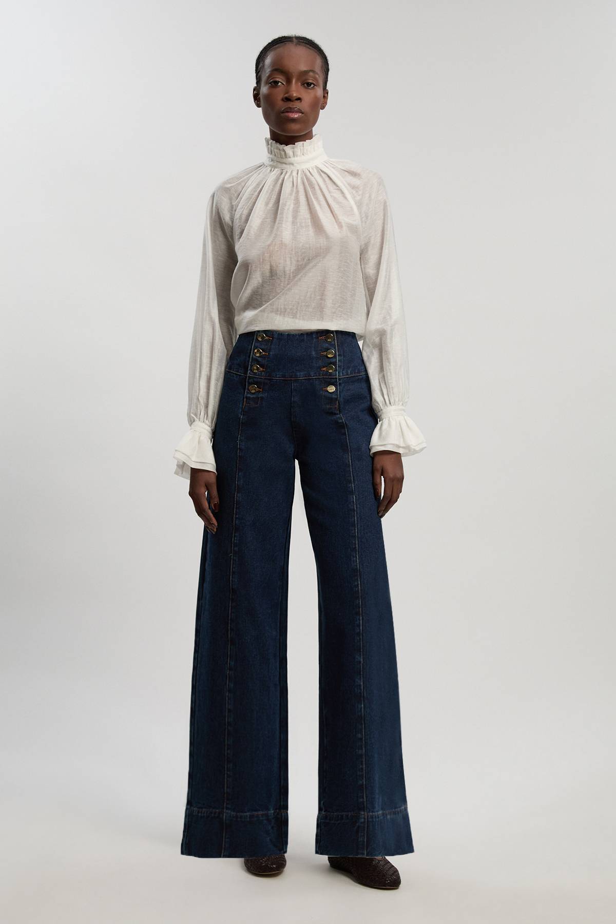 KarenMillen Jean Large À Jambes Évasées Avec Boutonnage Devant En Denim