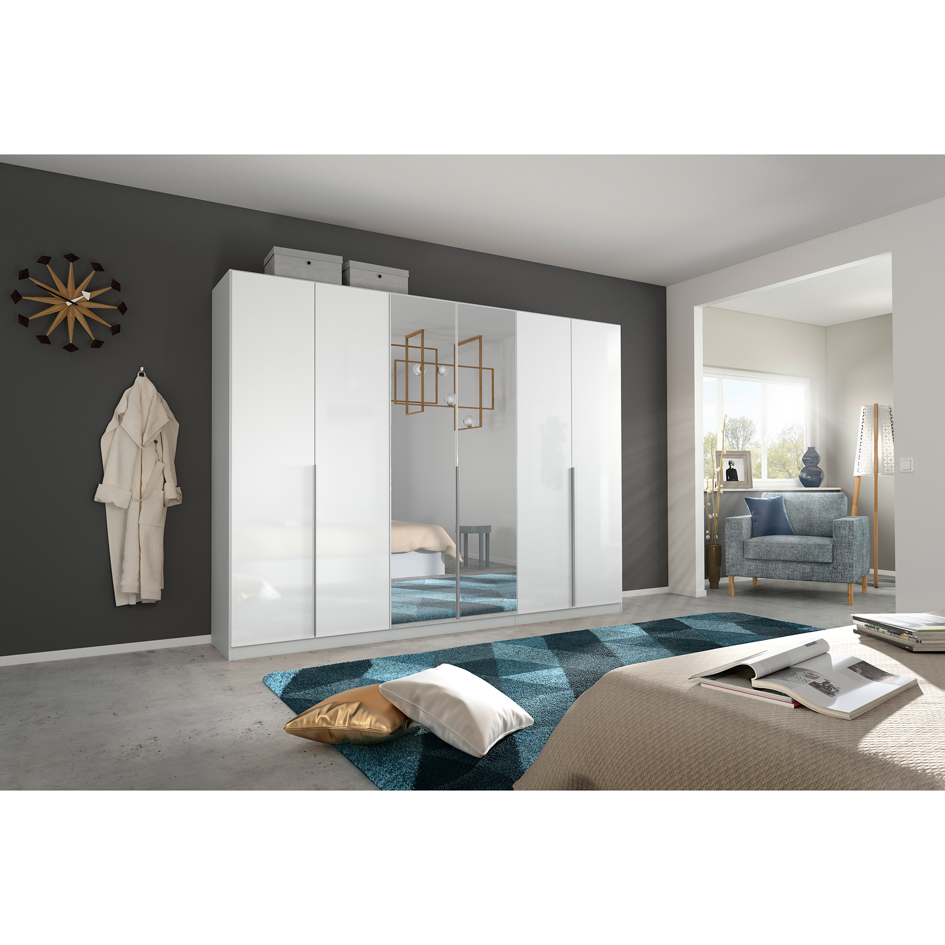 Drehtürenschrank - weiß Hochglanz-seidengrau - Kristallglasspiegel - 6-türig - 271x210 cm