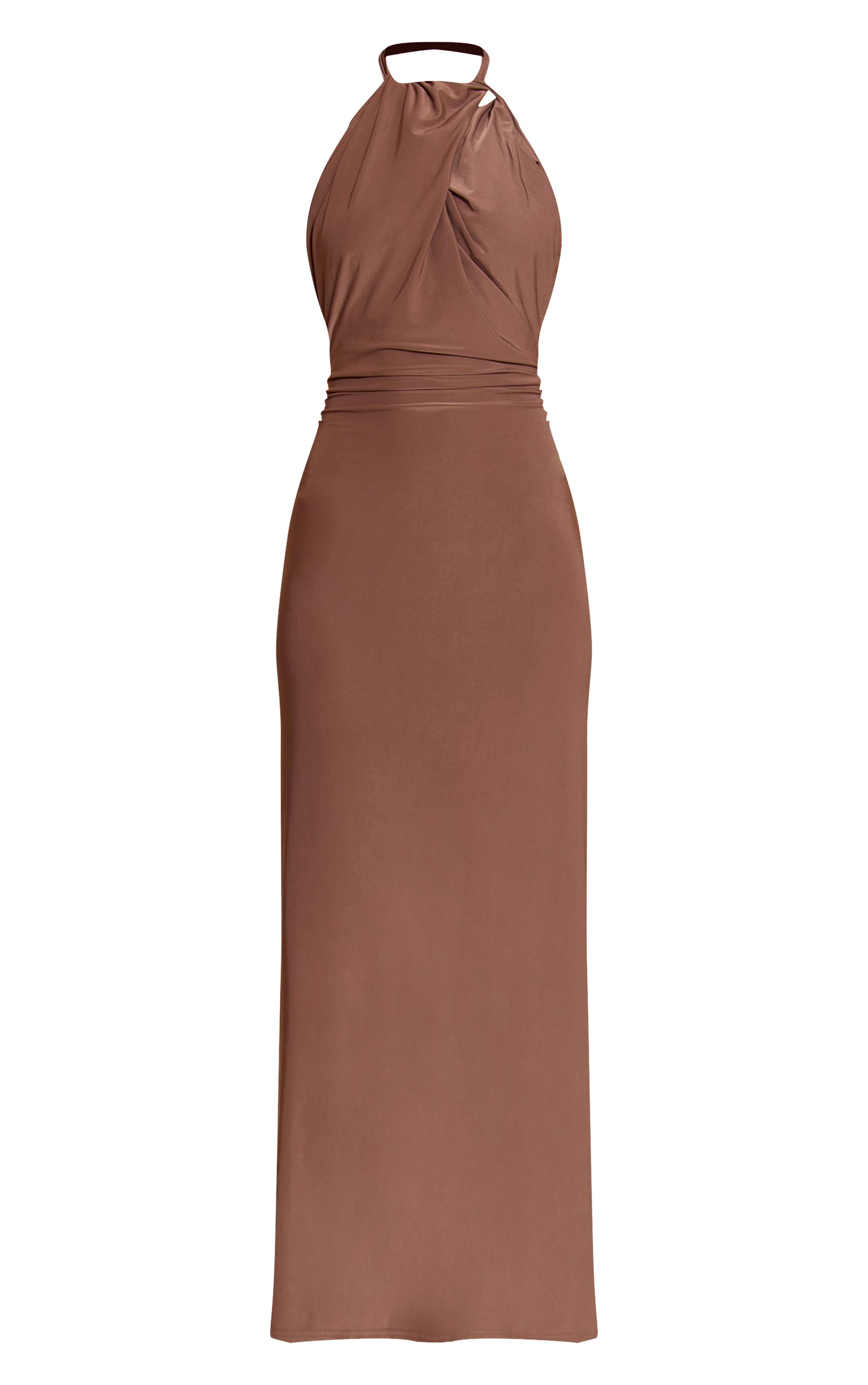 Chocolat Robe Longue Dos Nu À Double Couche En Tissu Slinky