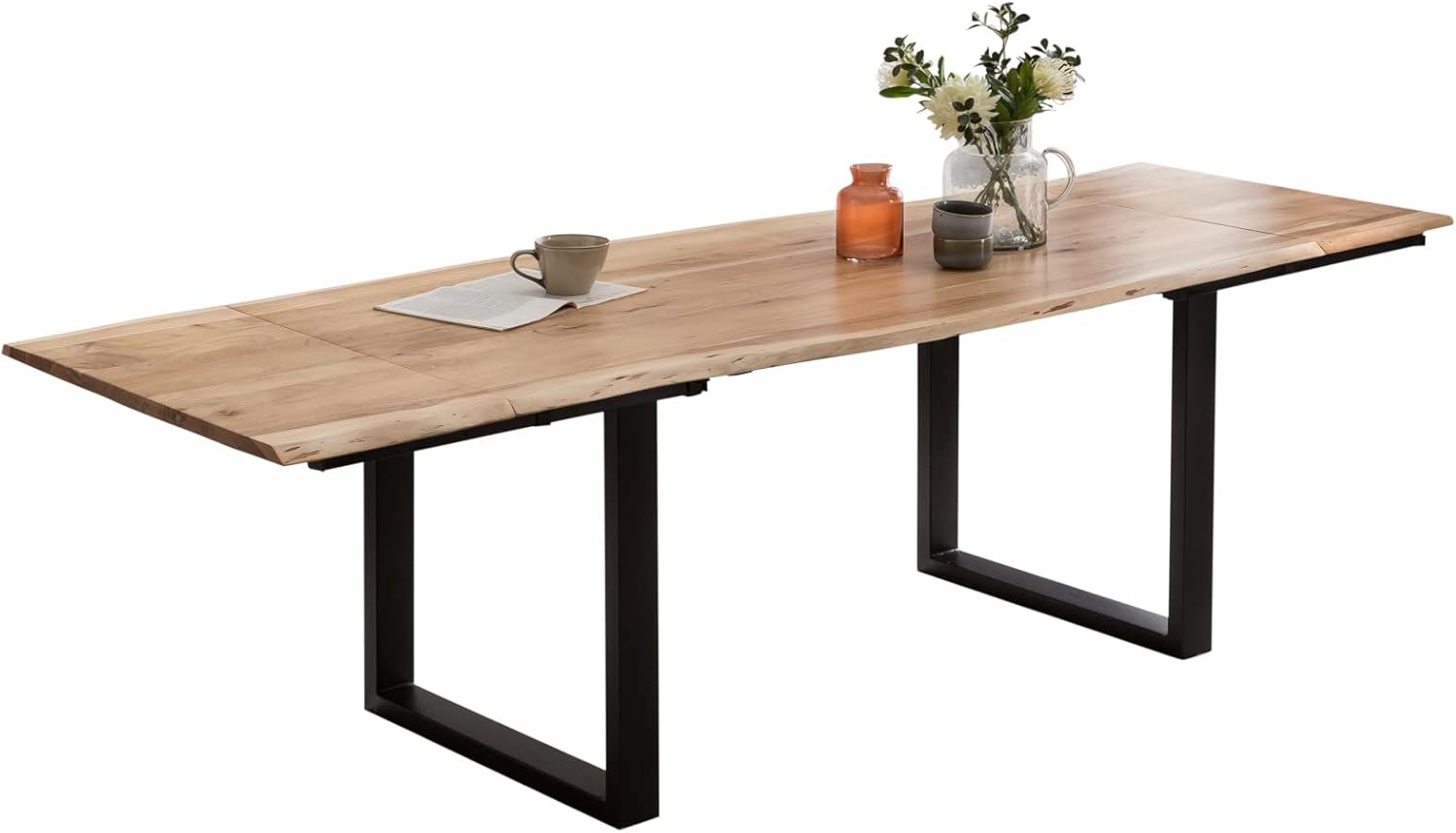 SAM Baumkantentisch 140 (220) x 90 cm Adina, Akazienholz naturfarben & massiv, Esszimmertisch mit 2 Ansteckplatten, Mattschwarzes U-Metallgestell, Platte 26mm