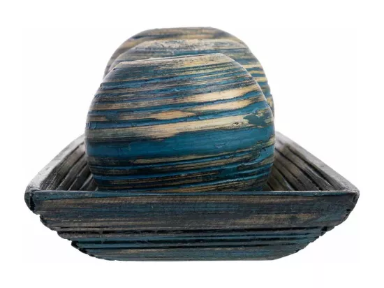 Ensemble plateau et 3 bougeoirs en bois de bambou bleu 33x13x3h cm