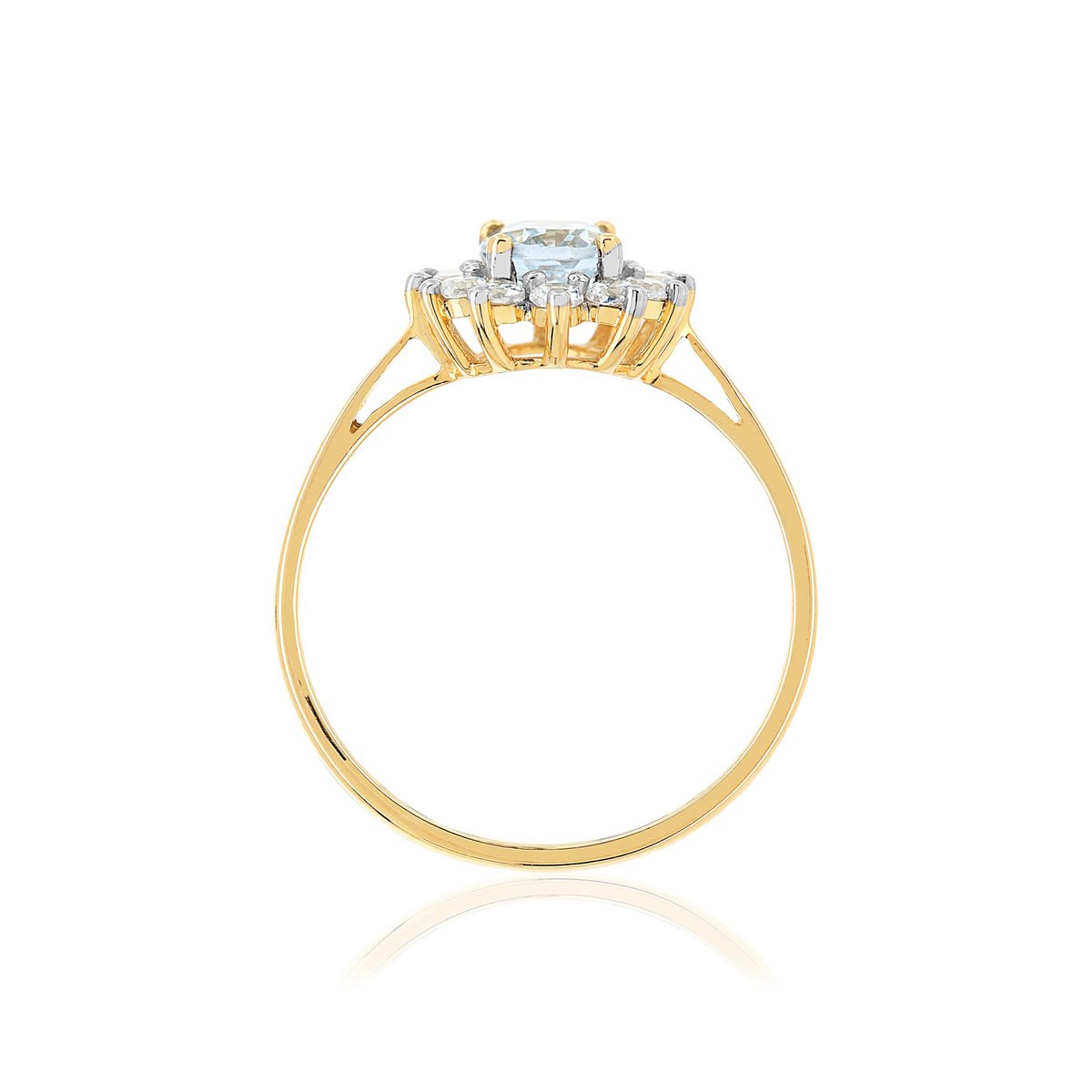 Bague or 375 2 tons fleur topaze bleue traitée ovale et zirconias