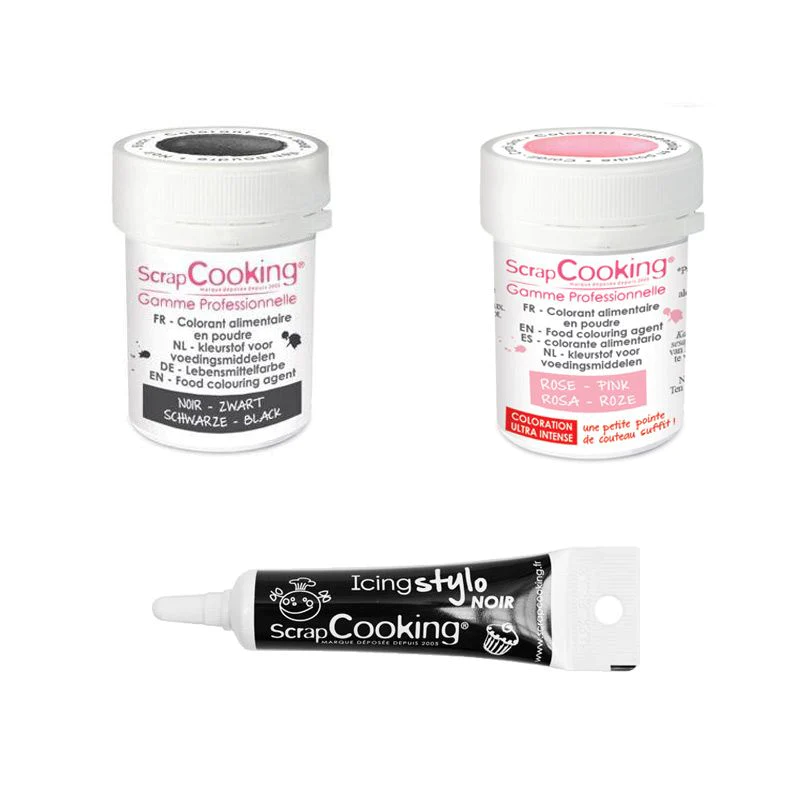 2 colorants alimentaires noir-rose poudré + Stylo glaçage noir Scrapco