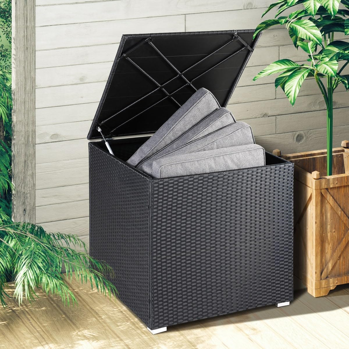 Casaria® Gartenmöbel Set Lounge inkl. Auflagenbox 318L Outdoor mit Tisch Auflagen Sitzgruppe Wetterfest Polyrattan Terrasse Garten Balkonmöbel Schwarz Creme