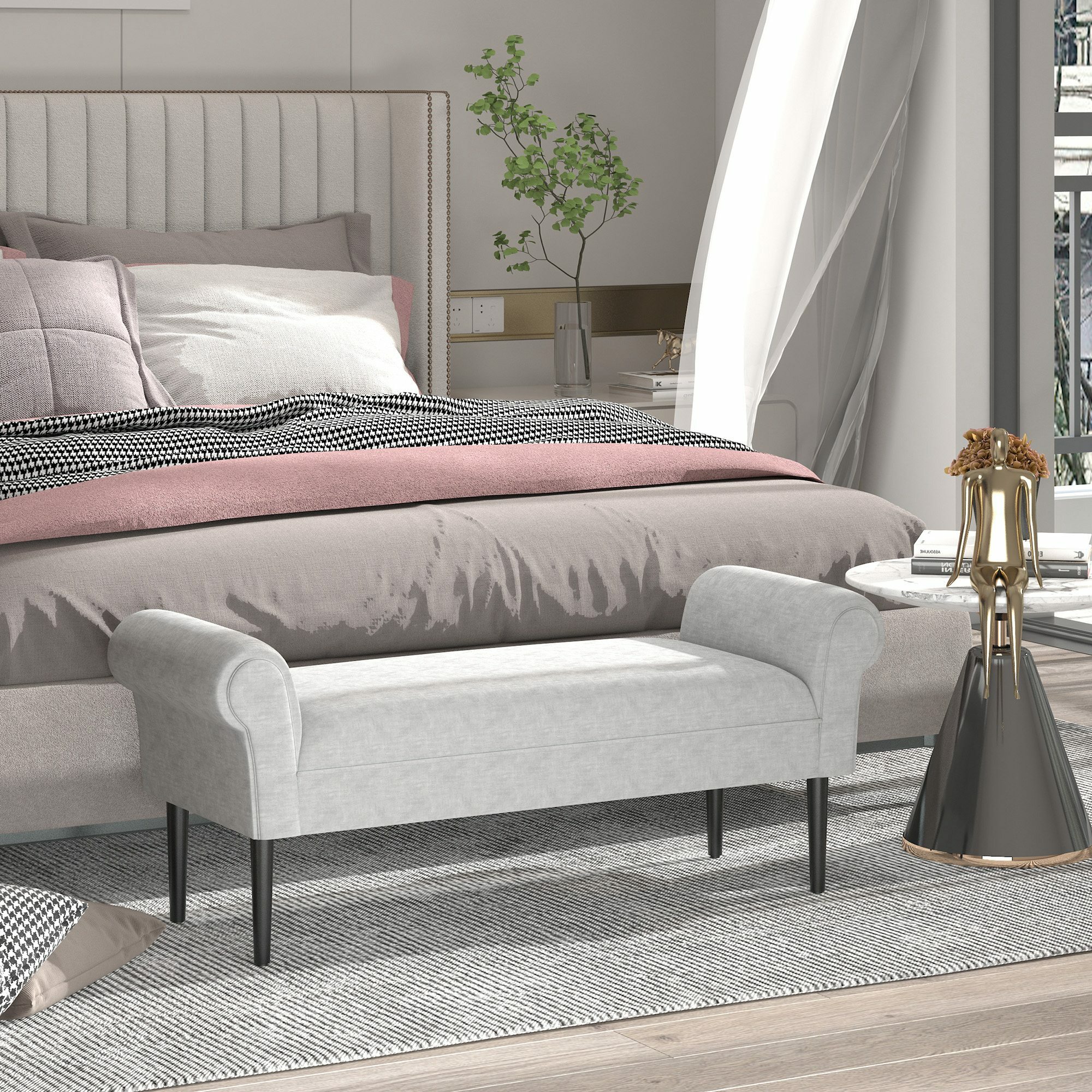 HOMCOM Bettbank aus Leinenstoff hellgrau 103 x 48 x 38 cm (LxBxH)